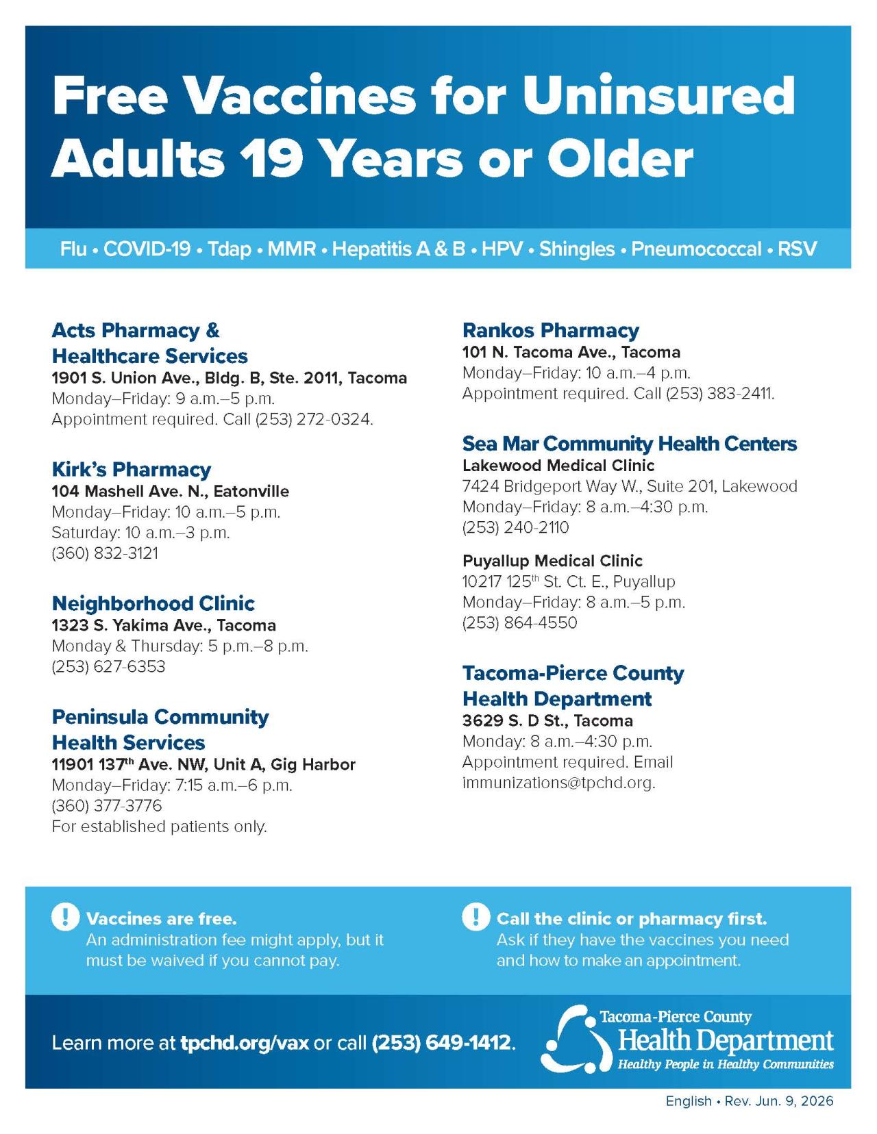 List of clinics that provide free immunizations to uninsured adults.