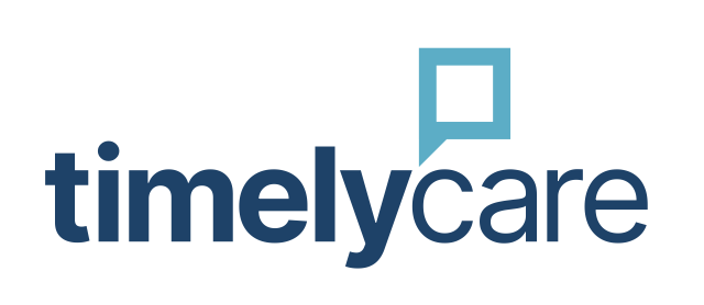 Timelycare logo, with name and blue box decorative image.