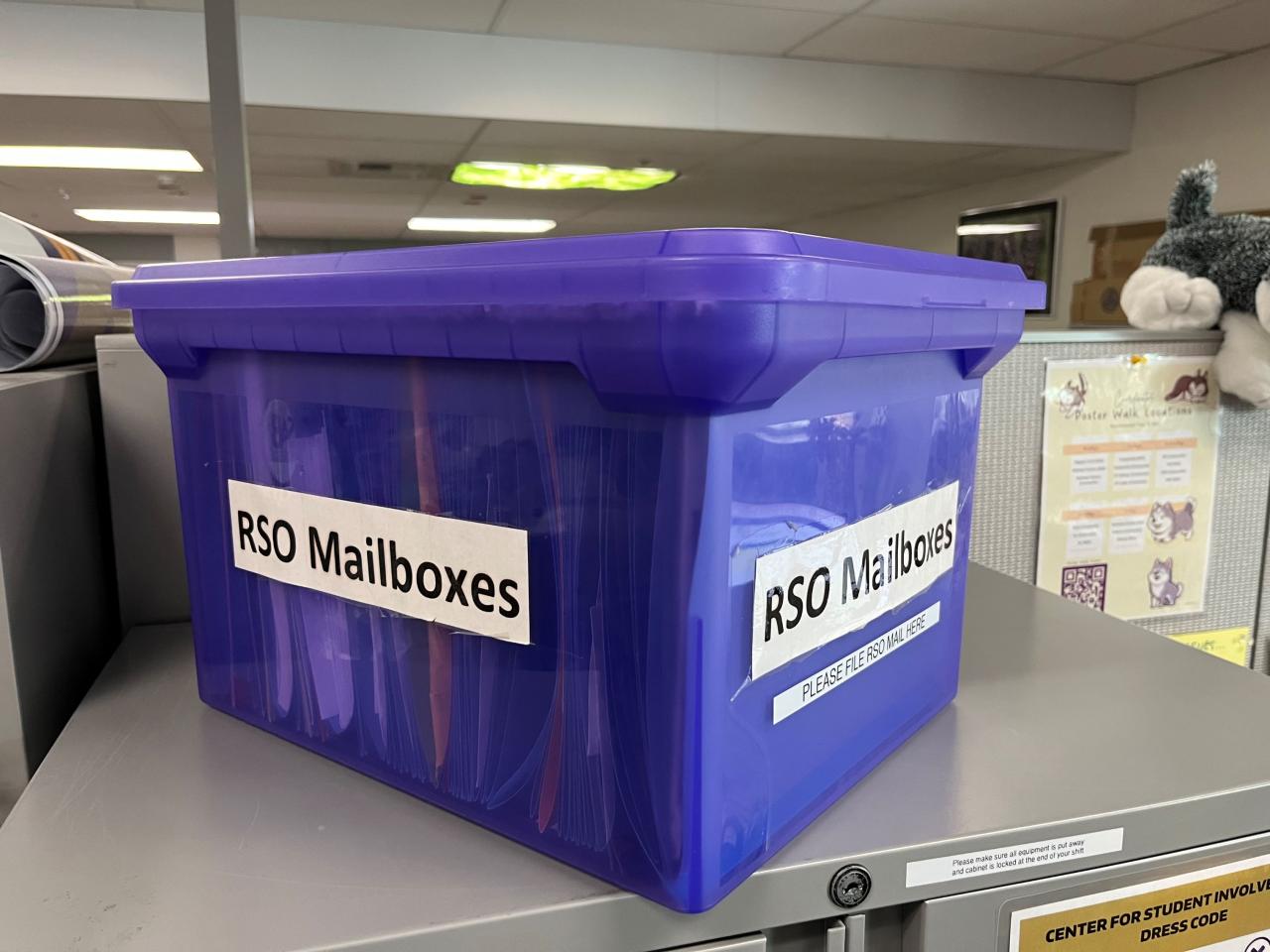 EMBEDDED IMAGE: A purple filebox labeled "RSO Mailboxes."
