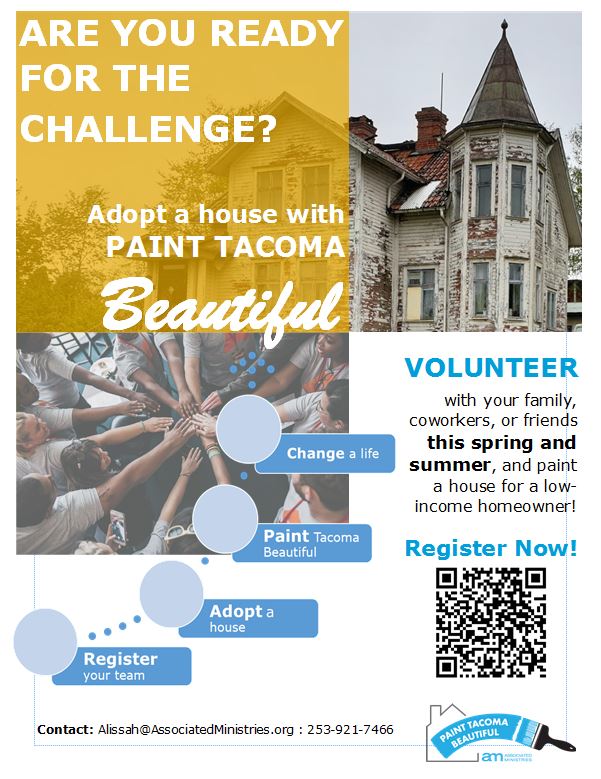 A flyer for the Paint Tacoma Beautiful program. Interested parties can email Alissah@AssociatedMinistries.org or call 253-921-7466 to find out more.