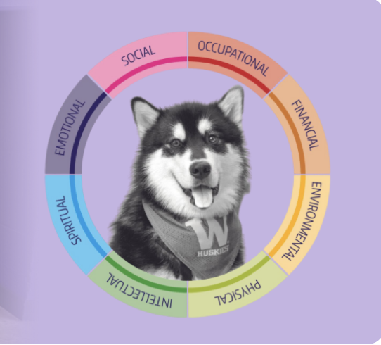 Husky mascot surrounded by multiple wellness traits and life categories