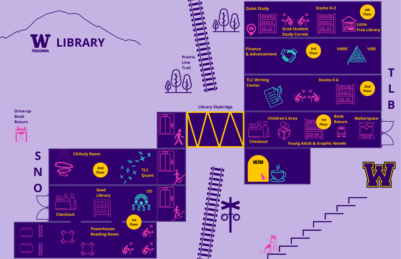 self guided tour map of SNO (Snoqualmie Building) and the TLB (Tioga Library Building)