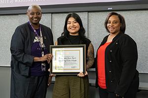 UW Tacoma alumna Diana Algomeda Villada with Chancellor Sheila Edwards Lange and Associate Director Chana Lawson