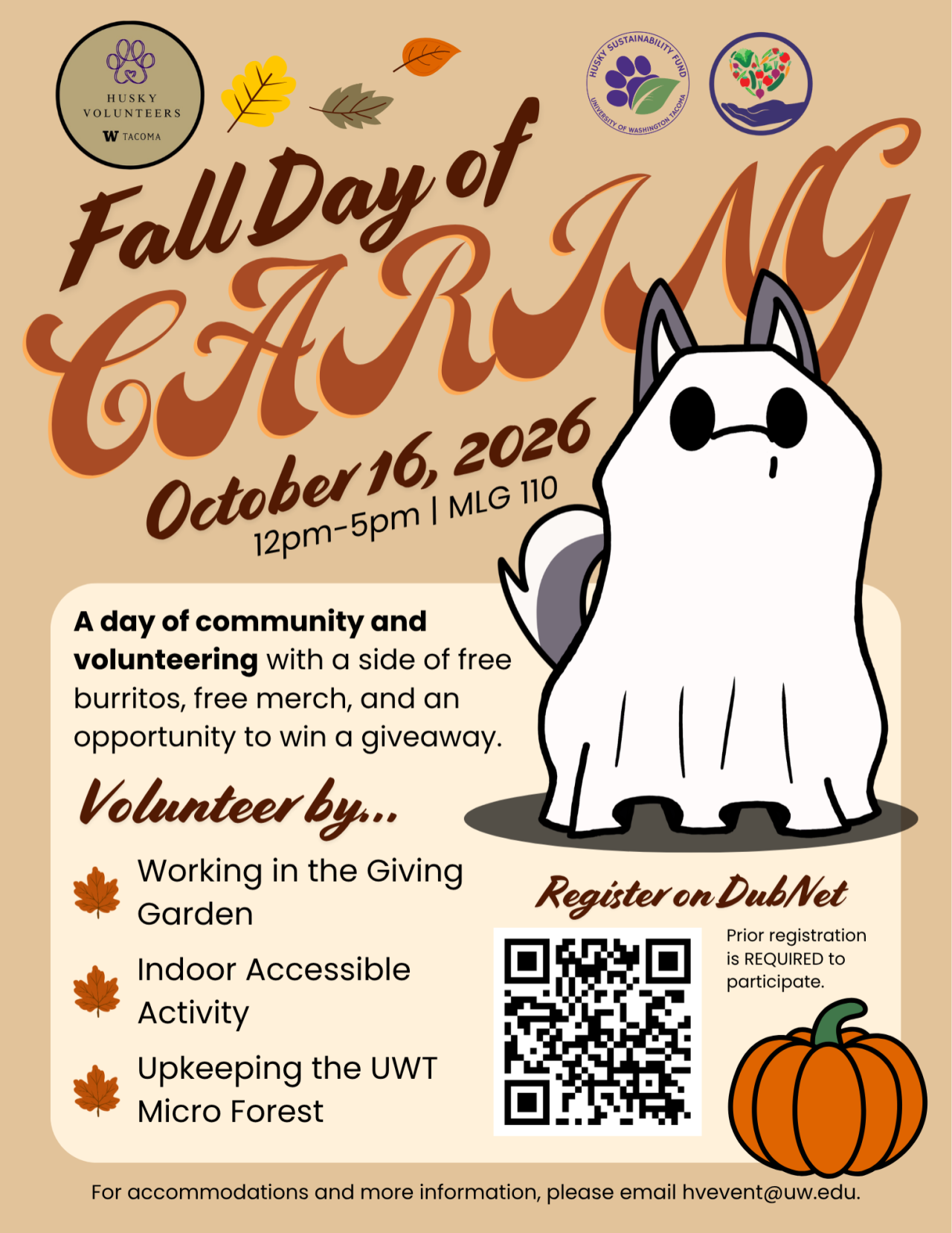 Fall Day of Caring flyer. Image of a husky in a ghost costume, fall leaves, and a pumpkin with information about the event and a QR code to register on Dubnet