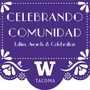 Poser for Celebrando Comunidad. Text is white on a purple background. There are white flowers in the top and bottom corners.