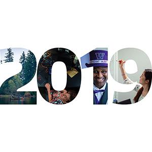 2019 - numerals filled with photos from UW Tacoma 2019 stories
