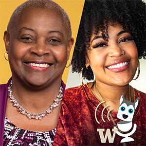 Graphic of headshots of UW Tacoma Chancellor Sheila Edwards Lange and UW Tacoma alumna Jazmyn Pratt. There is a small microphone logo in the bottom right that looks like a Husky's head.