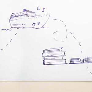 Cartoon sketch on whiteboard of cruise ship and books