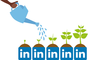 Watering can watering planters with LinkedIn logos