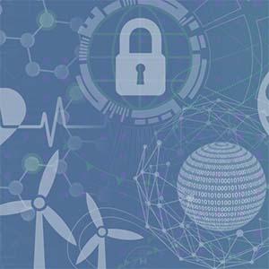 Illustration of data metaphors with lock, bits and bytes, molecules