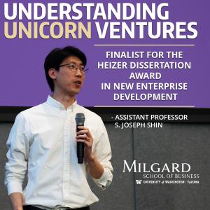 S. Joseph Shin selected as a finalist for the Heizer Dissertation Award in New Enterprise Development. Photo of him presenting