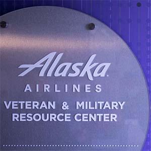 Sign at UW Tacoma reading Alaska Airlines Veteran & Military Resource Center