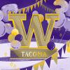 An illustration of the block "W" for UW Tacoma alongside purple and gold streamers and balloons shaped like the number 35.