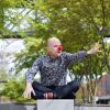 Luke Perone on UW Tacoma campus with a red clown nose