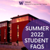 The Tioga library building (TLB) at sunset. Text: Summer 2022 Student FAQS