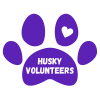 Purple paw print that reads "Husky Volunteers"