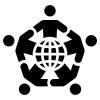 five people forming a circle around a globe