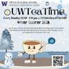 Winter-themed UW Tacoma OWT Tea Time flyer announcing weekly Monday gatherings from 12:30–1:15 pm at CEI Kitchen during Winter Quarter 2026, featuring a smiling tea cup character, snowflakes, and a QR code for event dates.