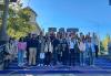 NISO orientation new international students standing in front of the W statue